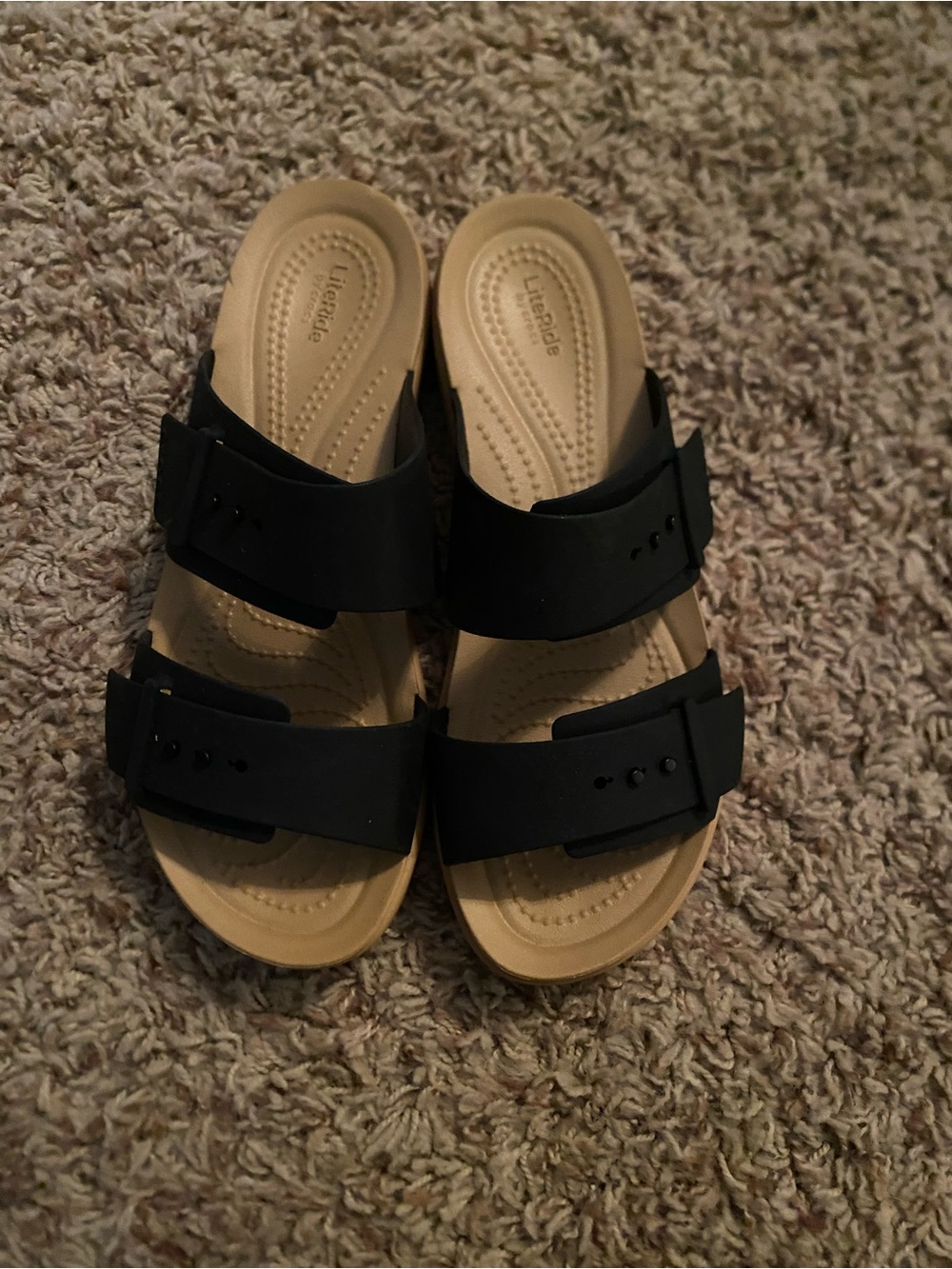 CROCS Two-Strap Slide Sandals in Black and Tan